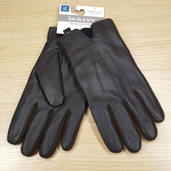 ISOTONER Gloves Mens XL Brown Leather Touchscreen Water Repellent Lined - Picture 1 of 4